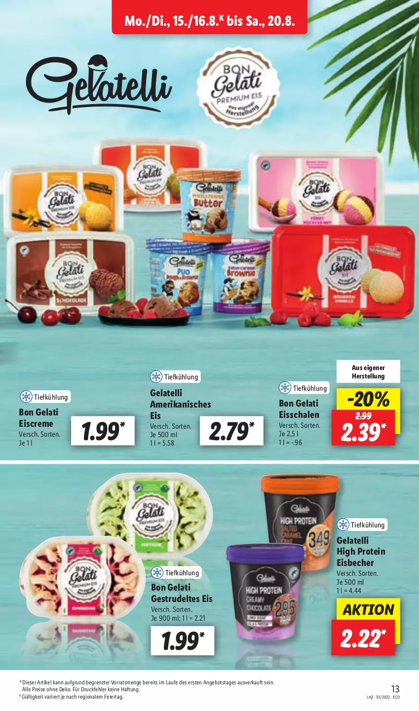 Aktueller Prospekt Lidl - Aktionsprospekt - von 15.08 bis 20.08.2022 - strona 13 - produkty: angebot, Becher, Bon Gelati, creme, eier, eis, eisbecher, eiscreme, Gelatelli, reis, Schal, Schale, Strudel, Ti, ZTE