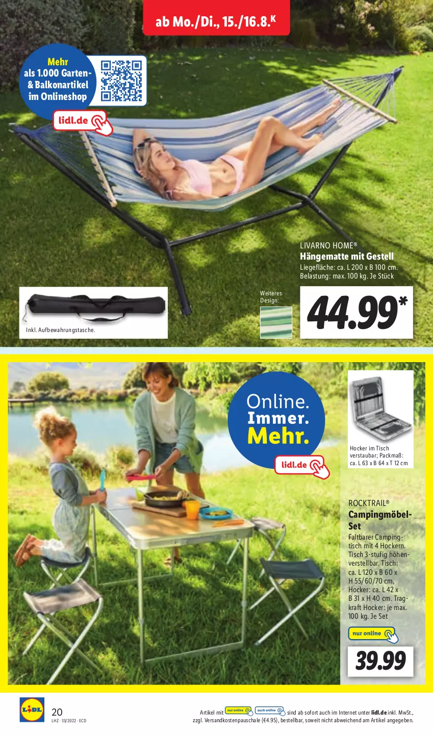 Aktueller Prospekt Lidl - Aktionsprospekt - von 15.08 bis 20.08.2022 - strona 20 - produkty: aufbewahrungstasche, Campingtisch, Garten, hängematte, hocker, kraft, Liege, möbel, ndk, Schal, Schale, Tasche, Ti, tisch