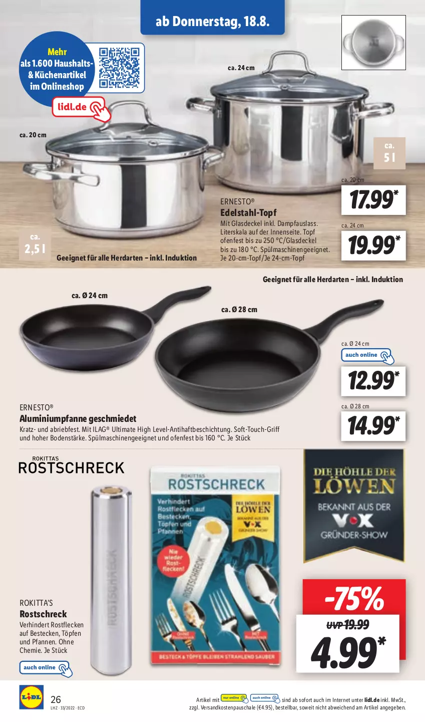 Aktueller Prospekt Lidl - Aktionsprospekt - von 15.08 bis 20.08.2022 - strona 26 - produkty: besteck, bestecke, brie, decke, Deckel, edelstahl, ernesto, Glasdeckel, herdarten, ilag, küche, Küchen, ndk, Ofen, pfanne, pfannen, Pfau, rostschreck, Schal, Schale, spülmaschinen, Ti, topf, und pfanne