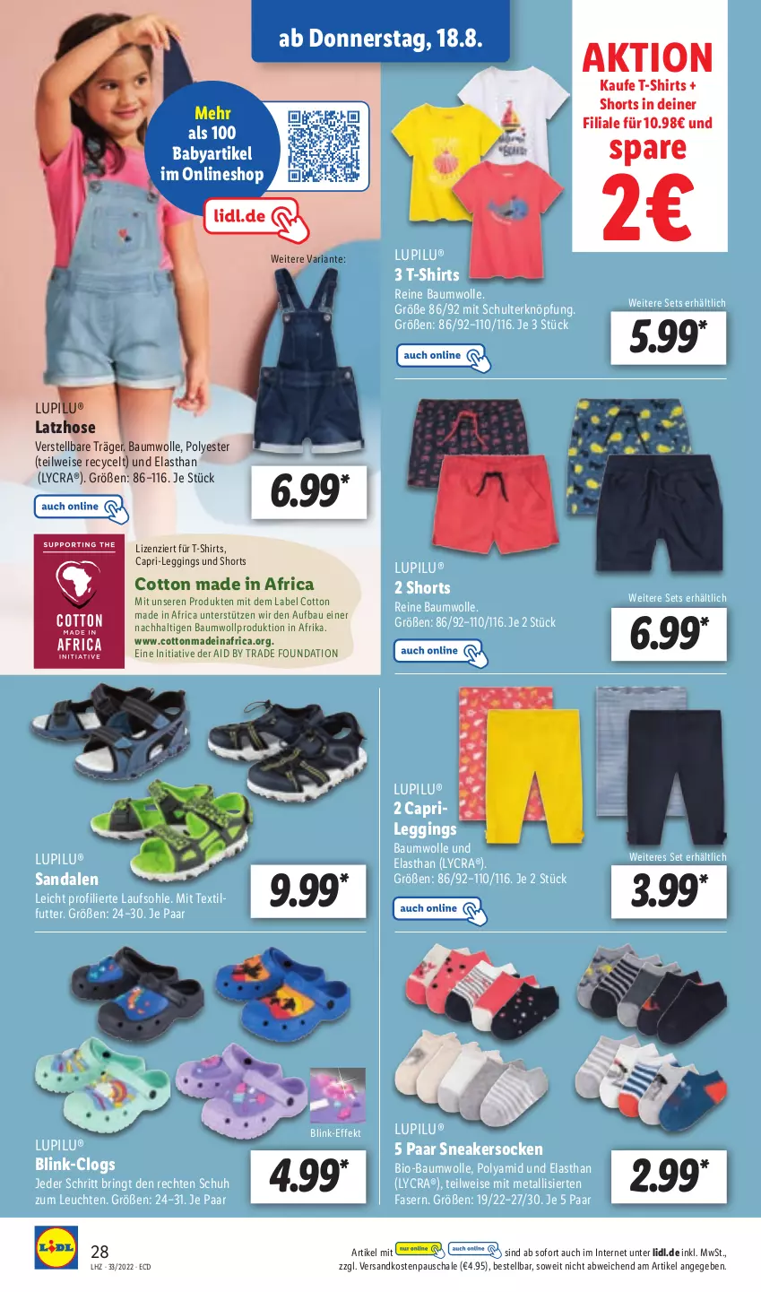 Aktueller Prospekt Lidl - Aktionsprospekt - von 15.08 bis 20.08.2022 - strona 28 - produkty: Bau, baumwolle, bio, bio-baumwolle, Cap, Clogs, eis, gin, hose, Latzhose, leggings, Leuchte, leuchten, lupilu, ndk, pril, reine baumwolle, Ria, ring, sandale, sandalen, Schal, Schale, shirt, shirts, shorts, sneaker, sneakersocken, socken, T-Shirt, Ti, wolle