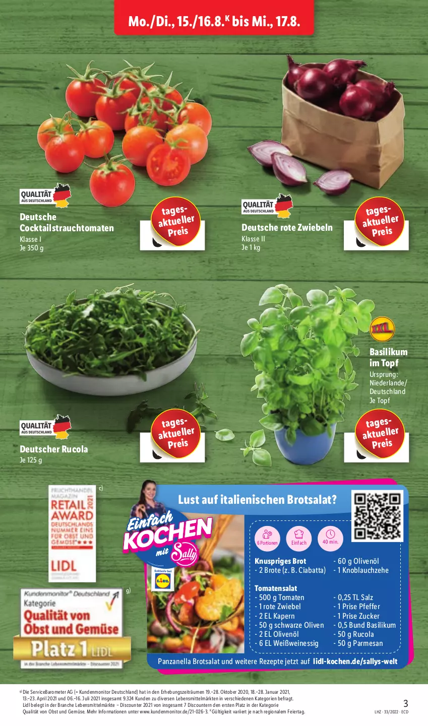 Aktueller Prospekt Lidl - Aktionsprospekt - von 15.08 bis 20.08.2022 - strona 3 - produkty: basilikum, brot, ciabatta, cocktail, cocktails, cola, discount, eier, eis, elle, essig, knoblauch, lebensmittel, monitor, obst, Obst und Gemüse, olive, oliven, olivenöl, pfeffer, pril, Rauch, reis, rezept, rezepte, Rote Zwiebel, rucola, salat, salz, strauchtomaten, Ti, tomate, tomaten, topf, und gemüse, wein, weine, Weißwein, zucker, zwiebel, zwiebeln