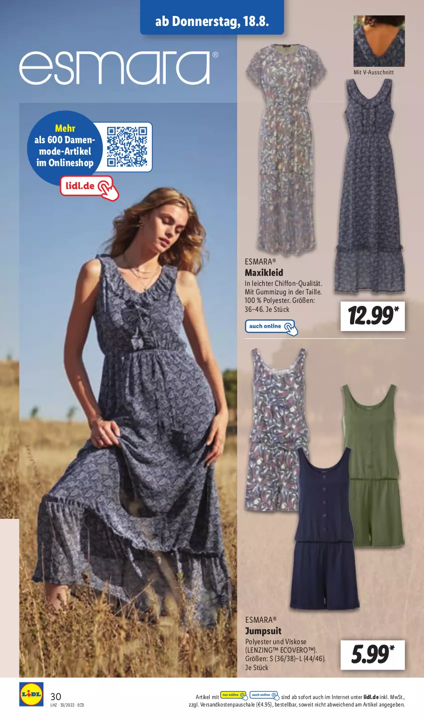 Aktueller Prospekt Lidl - Aktionsprospekt - von 15.08 bis 20.08.2022 - strona 30 - produkty: ecovero, esmara, jumpsuit, kleid, lenzing, maxikleid, Mode, ndk, Schal, Schale, Ti