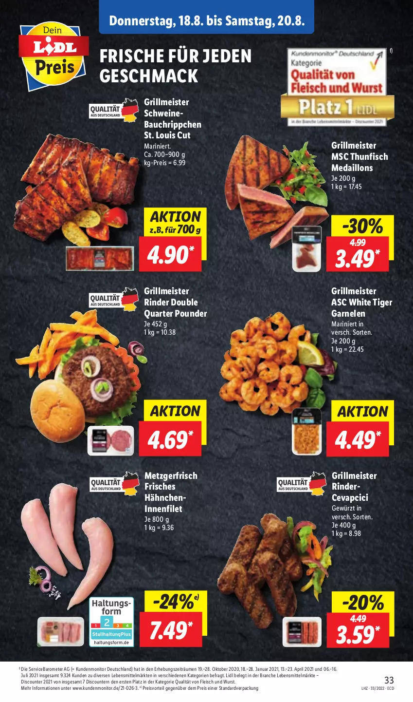 Aktueller Prospekt Lidl - Aktionsprospekt - von 15.08 bis 20.08.2022 - strona 33 - produkty: Bau, cevapcici, discount, eis, filet, fisch, fleisch, garnelen, gewürz, grill, lebensmittel, mac, medaillons, Meister, monitor, preisvorteil, pril, reis, rind, rinder, schwein, schweine, Schweinebauch, thunfisch, Ti, wein, weine, wurst