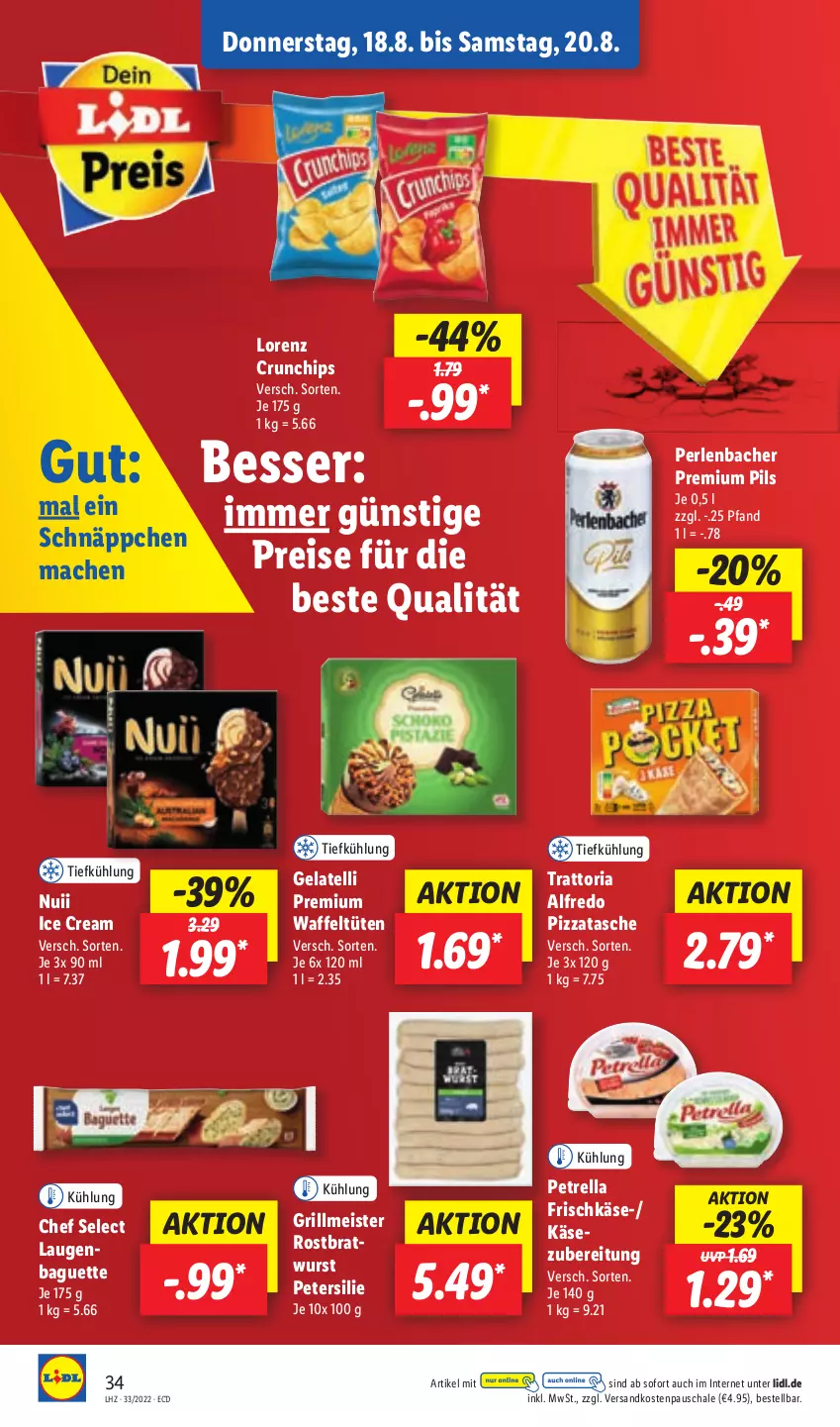 Aktueller Prospekt Lidl - Aktionsprospekt - von 15.08 bis 20.08.2022 - strona 34 - produkty: baguette, chips, crunchips, eis, frischkäse, Gelatelli, grill, Käse, lorenz, lorenz crunchips, mac, Meister, ndk, nuii, perlen, petersilie, petrella, pils, pizza, premium pils, reis, rel, Ria, Schal, Schale, schnäppchen, Tasche, Ti, Tüte, wurst