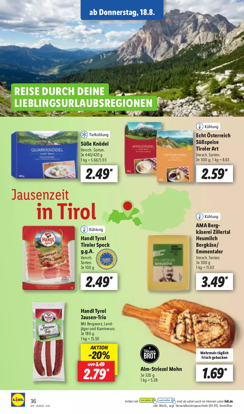 Aktueller Prospekt Lidl - Aktionsprospekt - von 15.08 bis 20.08.2022 - strona 36 - produkty: Bergkäse, Bergwurz, brot, eis, emmentaler, geback, Heu, heumilch, Kamin, Kaminwurz, Käse, Knödel, landjäger, milch, ndk, reis, Schal, Schale, Speck, Süße Knödel, Ti