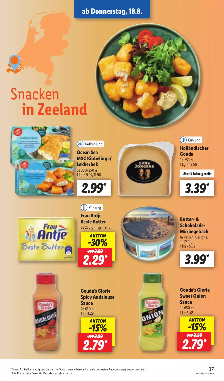 Aktueller Prospekt Lidl - Aktionsprospekt - von 15.08 bis 20.08.2022 - strona 37 - produkty: angebot, beste butter, butter, eis, Elan, frau antje, gouda, reis, sauce, schoko, schokolade, snack, Ti, ZTE