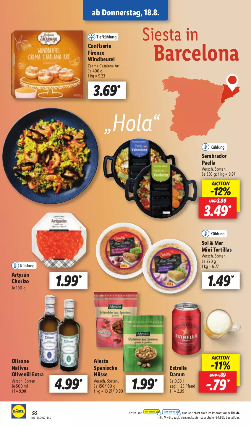 Aktueller Prospekt Lidl - Aktionsprospekt - von 15.08 bis 20.08.2022 - strona 38 - produkty: alesto, beutel, chorizo, Estrella Damm, natives olivenöl, ndk, olive, oliven, olivenöl, olivenöl extra, paella, rel, Schal, Schale, Ti, tortilla, tortillas, Windbeutel