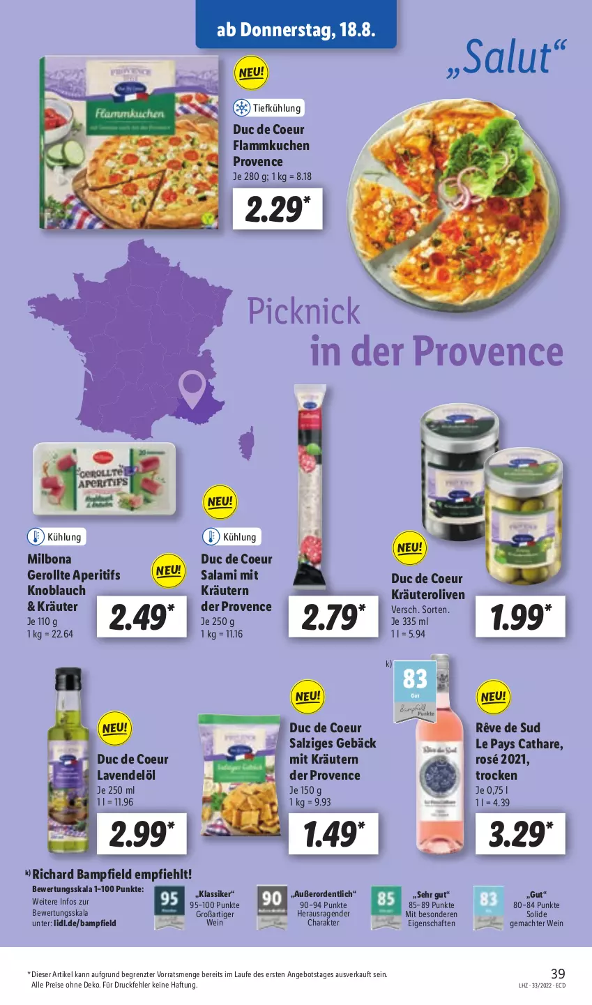 Aktueller Prospekt Lidl - Aktionsprospekt - von 15.08 bis 20.08.2022 - strona 39 - produkty: angebot, aperitif, Bona, eis, flammkuchen, knoblauch, kräuter, kräutern, kuchen, lamm, lavendel, mac, Milbona, olive, oliven, reis, salami, salz, Ti, wein, ZTE