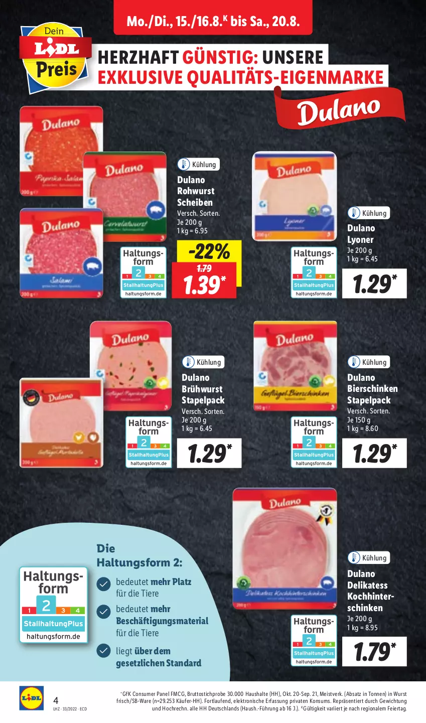 Aktueller Prospekt Lidl - Aktionsprospekt - von 15.08 bis 20.08.2022 - strona 4 - produkty: bier, bierschinken, Brühwurst, brut, dulano, eier, eis, Elektro, HP, Laufen, lyoner, Ria, Rohwurst, schinken, Ti, Tiere, wurst, Yo