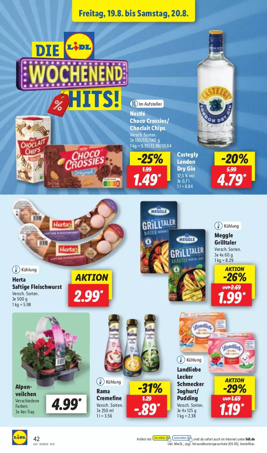 Aktueller Prospekt Lidl - Aktionsprospekt - von 15.08 bis 20.08.2022 - strona 42 - produkty: chips, choclait chips, choco crossies, creme, crossies, dry gin, eis, elle, fleisch, fleischwurst, gin, grill, herta, joghur, joghurt, landliebe, london dry, london dry gin, meggle, ndk, nestlé, pudding, rama, rama cremefine, saft, Schal, Schale, teller, Ti, wurst