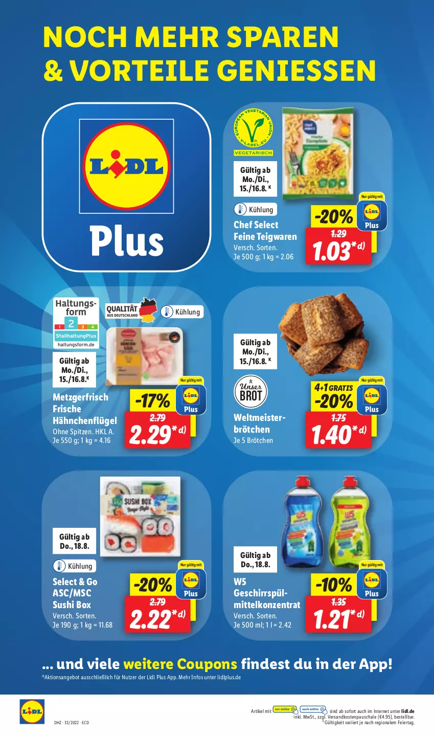 Aktueller Prospekt Lidl - Aktionsprospekt - von 15.08 bis 20.08.2022 - strona 44 - produkty: angebot, brot, brötchen, coupon, coupons, eier, eis, Frische Hähnchen, geschirr, hähnchenflügel, Meister, ndk, Schal, Schale, Sushi, teigwaren, Ti