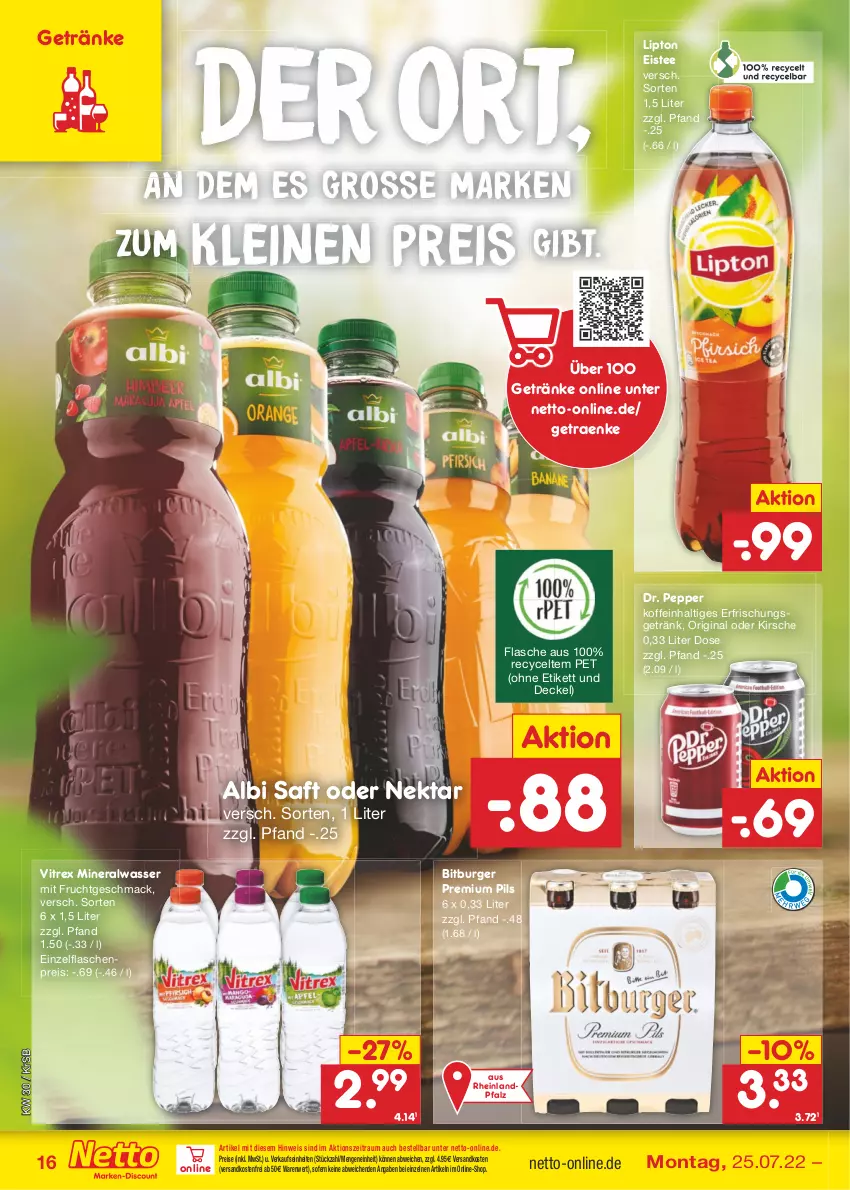 Aktueller Prospekt Netto Marken-Discount - Filial-Angebote - von 25.07 bis 30.07.2022 - strona 16 - produkty: Alwa, bitburger, burger, decke, Deckel, eis, eistee, erfrischungsgetränk, flasche, frucht, getränk, getränke, gin, kirsch, kirsche, leine, lipton, mac, mineralwasser, mit frucht, ndk, Nektar, pils, premium pils, reis, saft, tee, Ti, versandkostenfrei, vitrex, wasser