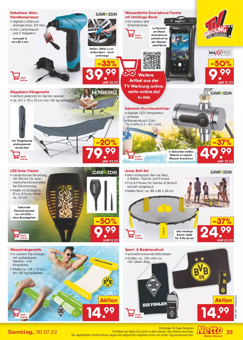 Aktueller Prospekt Netto Marken-Discount - Filial-Angebote - von 25.07 bis 30.07.2022 - strona 25 - produkty: adapter, akku, angebot, auto, axe, Bad, Badehandtuch, ball, Bau, bestpreis, edelstahl, eis, Garten, handtuch, hängematte, kompressor, lamm, led-licht, leds, mikrofaser, ndk, reifen, reis, rel, rwe, Schal, schlauch, smartphone, smartphones, Sport, Tasche, Ti, tisch, tragetasche, tuc, wasser, Wasserhängematte, ZTE