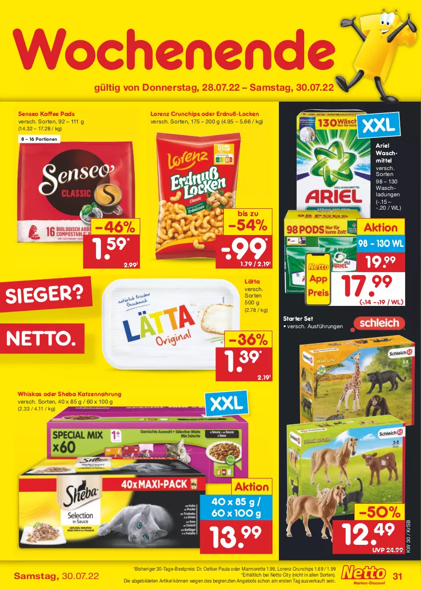 Aktueller Prospekt Netto Marken-Discount - Filial-Angebote - von 25.07 bis 30.07.2022 - strona 31 - produkty: angebot, ariel, ariel waschmittel, bestpreis, chips, crunchips, Dr. Oetker, eis, kaffee, katzennahrung, lätta, lorenz, lorenz crunchips, marmorette, Paula, reis, senseo, sheba, Ti, waschmittel, whiskas, ZTE