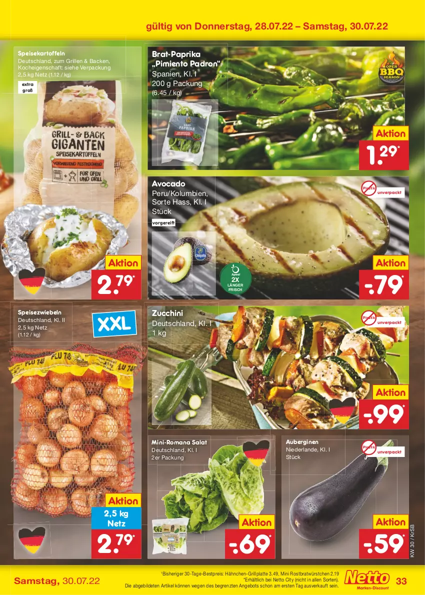 Aktueller Prospekt Netto Marken-Discount - Filial-Angebote - von 25.07 bis 30.07.2022 - strona 33 - produkty: angebot, asti, aubergine, auberginen, avocado, bestpreis, Brat-Paprika, eis, gin, grill, grillplatte, kartoffel, kartoffeln, latte, paprika, reis, salat, speisekartoffeln, Speisezwiebeln, Ti, würstchen, ZTE, zucchini, zwiebel, zwiebeln