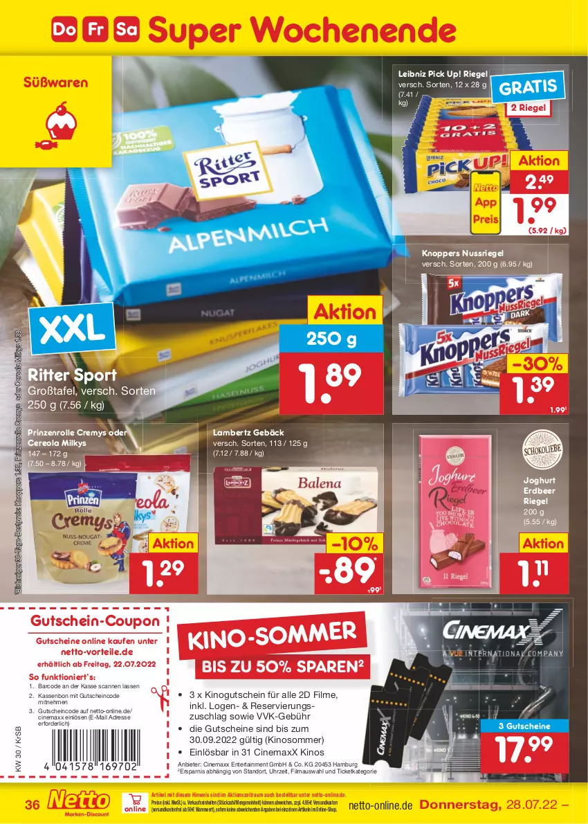 Aktueller Prospekt Netto Marken-Discount - Filial-Angebote - von 25.07 bis 30.07.2022 - strona 36 - produkty: Amber, bestpreis, cin, coupon, cremys, eis, ente, gutschein, gutscheine, joghur, joghurt, knoppers, lambertz, leibniz, Maus, ndk, nuss, nussriegel, Pick Up!, prinzenrolle, reis, riegel, ritter, ritter sport, Sport, Ti, uhr, versandkostenfrei