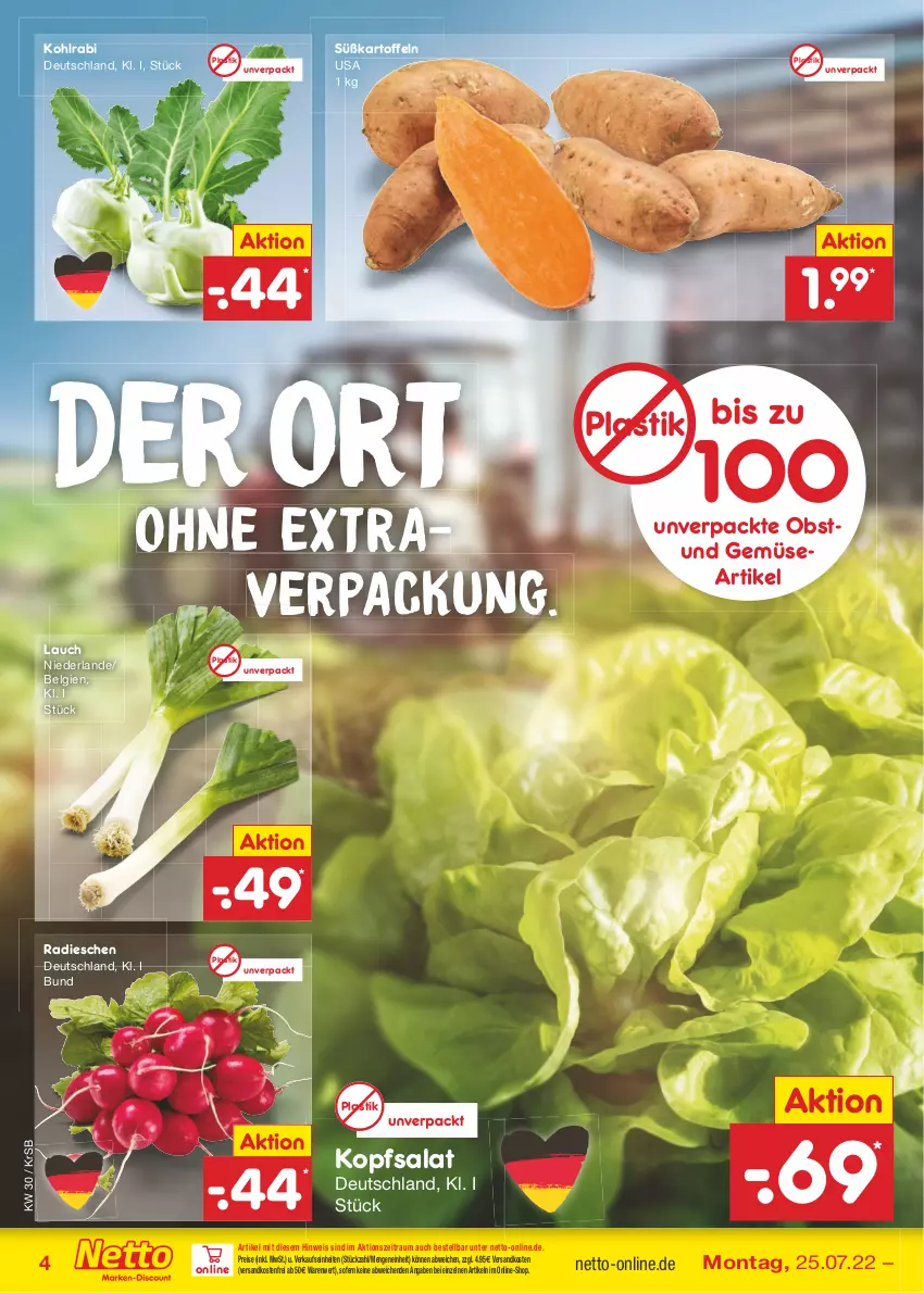 Aktueller Prospekt Netto Marken-Discount - Filial-Angebote - von 25.07 bis 30.07.2022 - strona 4 - produkty: asti, eis, kartoffel, kartoffeln, kohlrabi, kopfsalat, LG, ndk, obst, radieschen, reis, salat, Süßkartoffeln, Ti, und gemüse, versandkostenfrei