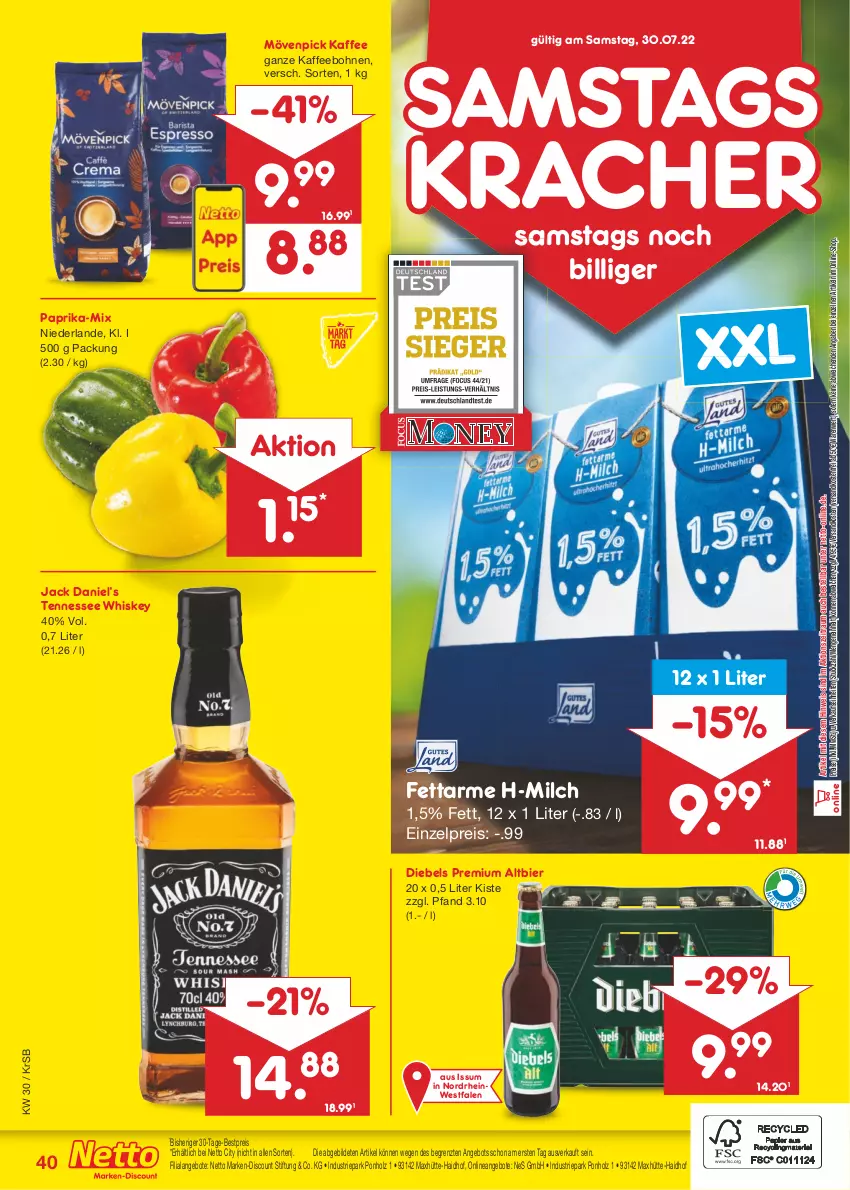 Aktueller Prospekt Netto Marken-Discount - Filial-Angebote - von 25.07 bis 30.07.2022 - strona 40 - produkty: angebot, angebote, bestpreis, bier, bohne, bohnen, diebels, discount, eis, Holz, jack daniel, Jack Daniel’s, kaffee, kaffeebohnen, kracher, marken-discount, milch, mövenpick, mövenpick kaffee, ndk, paprika, reis, tennessee whiskey, Ti, versandkostenfrei, whiskey, ZTE