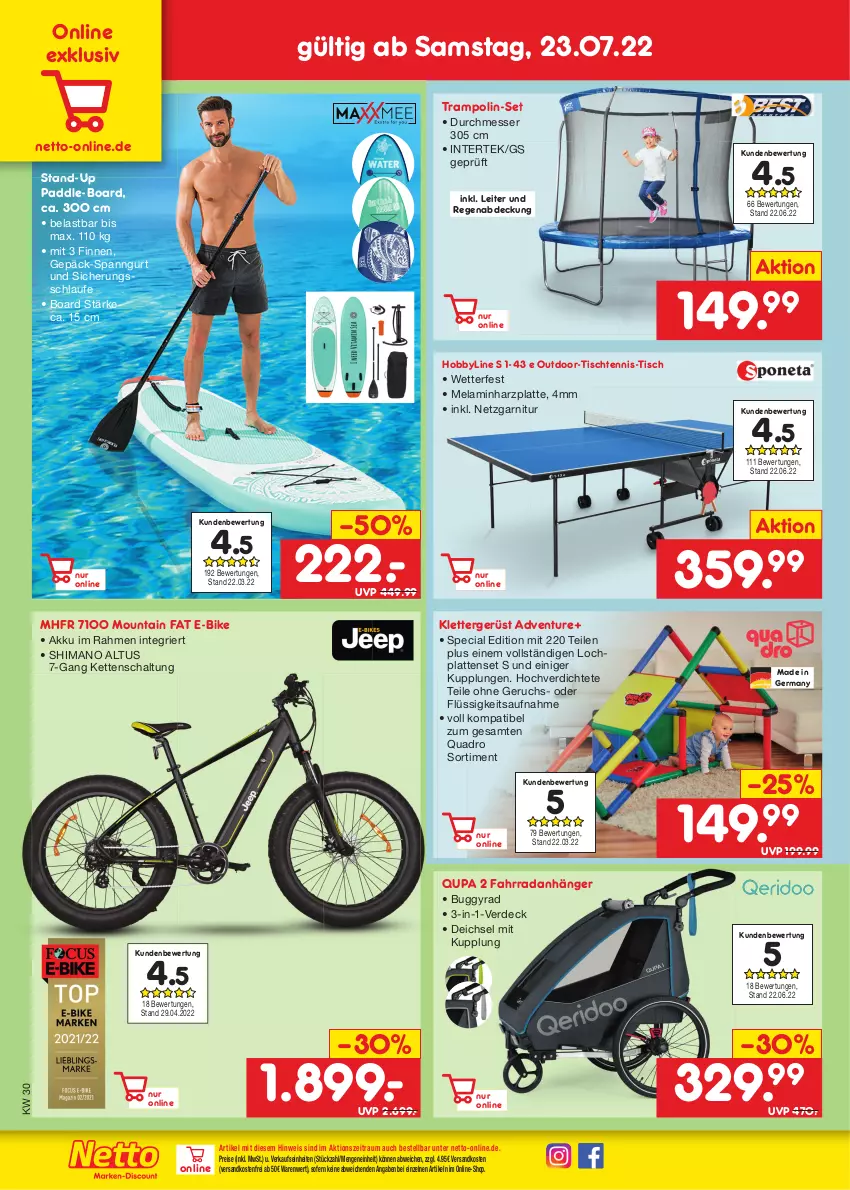 Aktueller Prospekt Netto Marken-Discount - Filial-Angebote - von 25.07 bis 30.07.2022 - strona 42 - produkty: akku, Anhänger, Buggy, E-Bike, eis, erde, Fahrrad, garnitur, Germ, Hobby, HP, intertek, Kette, latte, messer, ndk, quad, Quadro, reis, Schal, shimano, Ti, tisch, Trampolin, versandkostenfrei