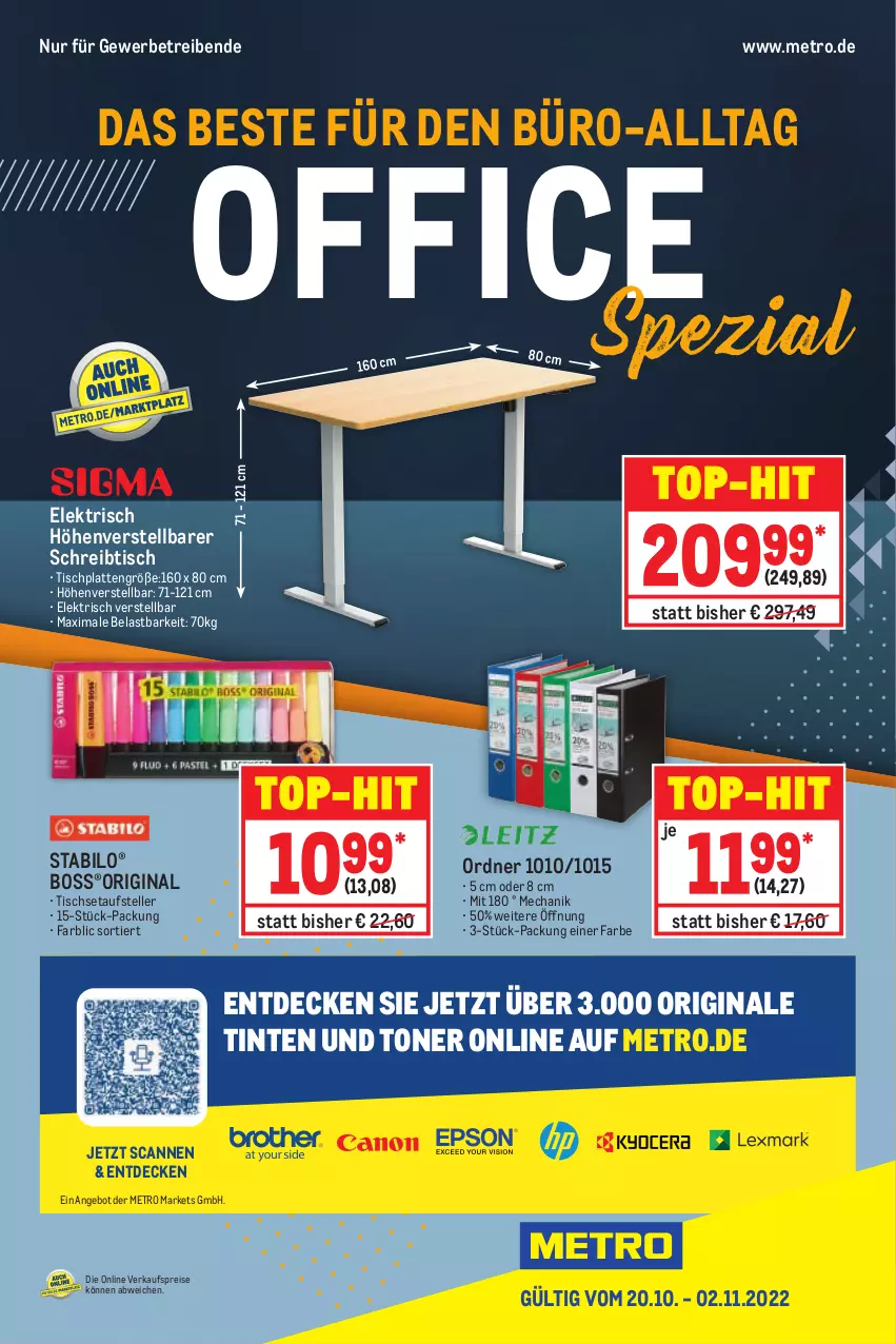 Aktueller Prospekt Metro - Office Spezial - von 20.10 bis 02.11.2022 - strona 1 - produkty: angebot, boss, decke, eis, elle, gin, HP, latte, Metro, office, ordner, reis, schreibtisch, Spezi, stabilo, teller, Ti, tisch, tischplatte, Tischplatten, Tischset, Toner, top-hit