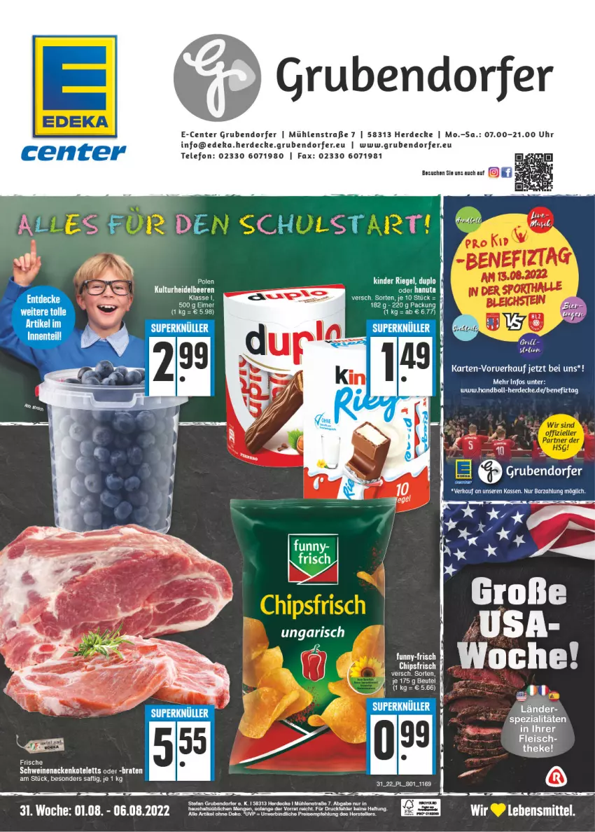 Aktueller Prospekt E Center - Angebote der Woche - von 01.08 bis 06.08.2022 - strona 1 - produkty: ball, braten, decke, deka, duplo, eis, ente, erde, fleisch, hanuta, Kinder, kinder riegel, kotelett, lebensmittel, nackenkoteletts, riegel, saft, schwein, schweine, schweinenacken, Spezi, telefon, Ti, uhr, wein, weine