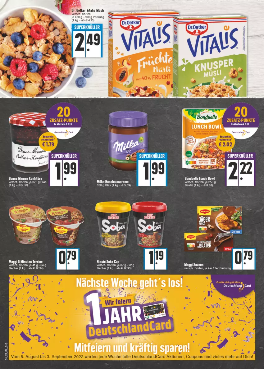 Aktueller Prospekt E Center - Angebote der Woche - von 01.08 bis 06.08.2022 - strona 16 - produkty: Becher, beutel, bonduelle, bonne maman, creme, Dr. Oetker, elle, erde, haselnuss, Haselnusscreme, konfitüre, maggi, mam, milka, müsli, Nissin, nuss, tee, terrine, vita, vitalis, vitalis müsli