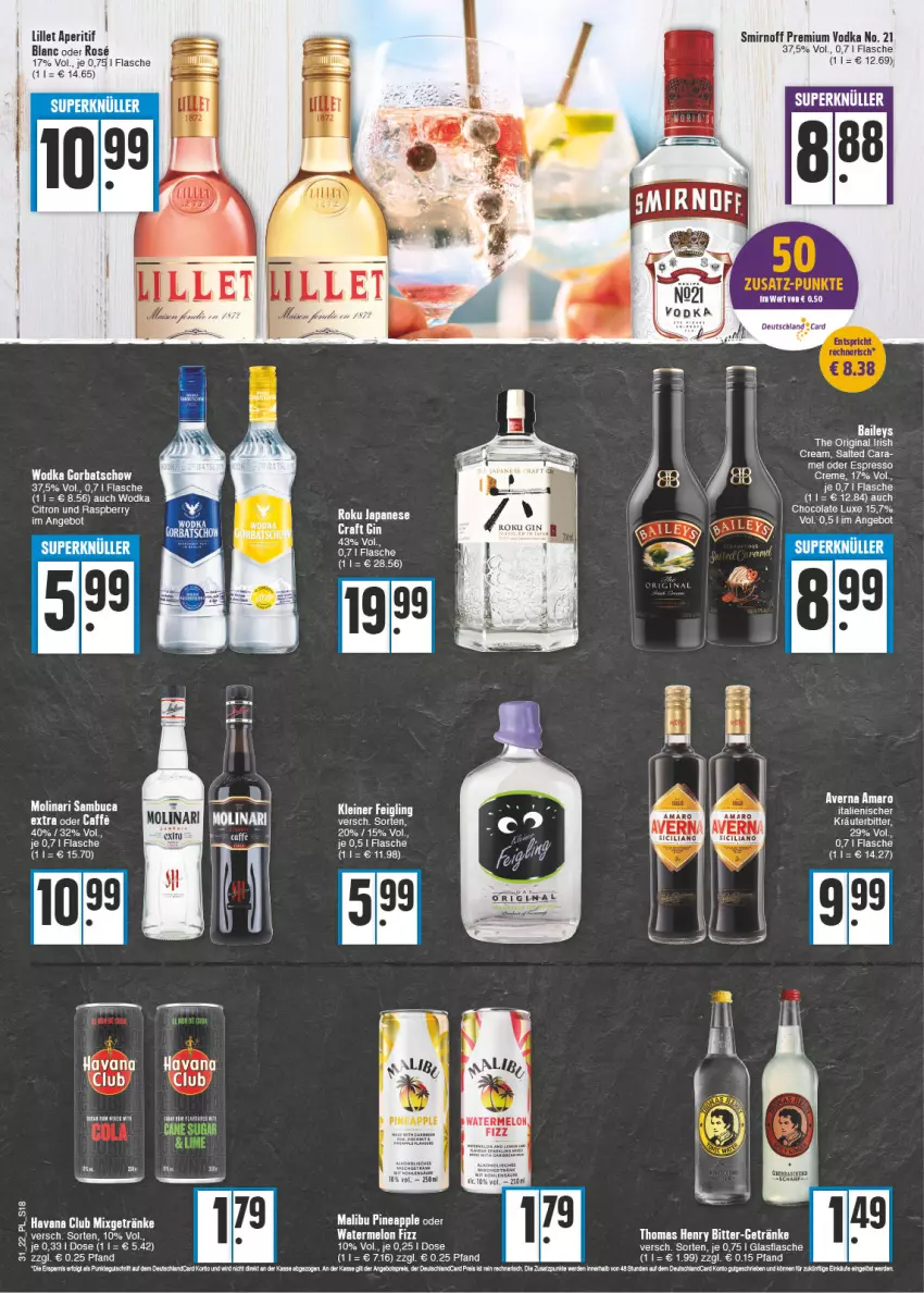 Aktueller Prospekt E Center - Angebote der Woche - von 01.08 bis 06.08.2022 - strona 18 - produkty: amaro, aperitif, Apple, averna, baileys, caffe, cola, creme, deutschland card, espresso, flasche, gin, glasflasche, Gorbatschow, Havana Club, irish cream, kerze, kleiner feigling, kräuter, leine, lillet, Malibu, Molinari, oder espresso, premium vodka, smirnoff, tee, Ti, vodka, wodka