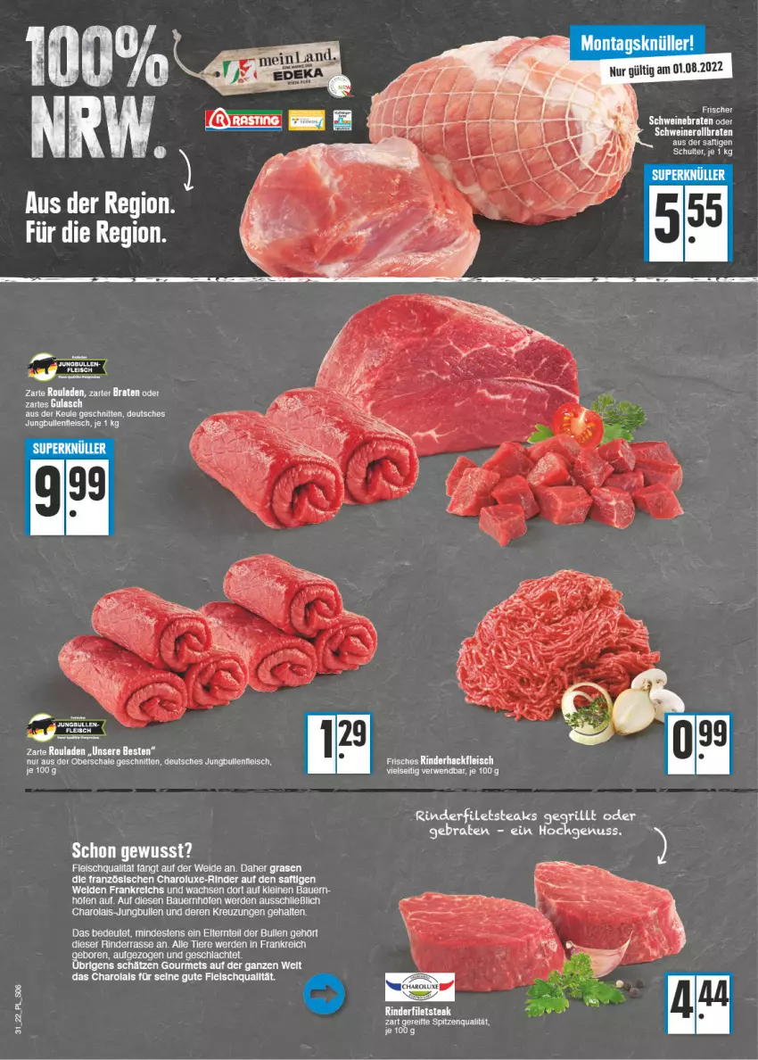 Aktueller Prospekt E Center - Angebote der Woche - von 01.08 bis 06.08.2022 - strona 6 - produkty: auer, Bau, Bauer, braten, eier, eis, elle, erde, filet, filets, fleisch, gulasch, hackfleisch, jungbullen, LG, nero, nuss, Ofen, rasen, rind, rinder, rinderfilet, rinderhackfleisch, rollbraten, rouladen, rwe, saft, Schal, Schale, schnitten, schwein, schweine, schweinebraten, Schweinerollbraten, spitzenqualität, steak, tee, Ti, Tiere, wein, weine