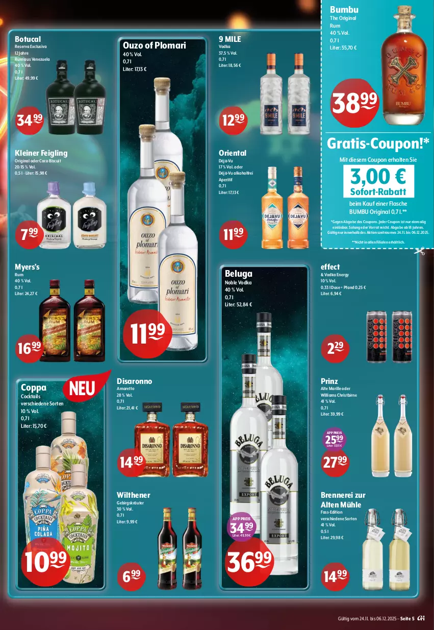 Aktueller Prospekt Getraenke Hoffmann - Prospekte - von 24.11 bis 06.12.2025 - strona 5 - produkty: alkohol, Amaretto, aperitif, Beluga, Bumbu, cocktail, cocktails, coupon, coupons, Effect, eis, flasche, gin, kleiner feigling, kräuter, leine, ouzo, reis, rum, saro, sofort-rabatt, Ti, tuc, vodka, wilthener