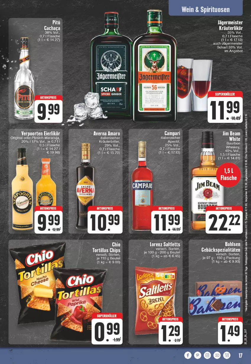 Aktueller Prospekt Edeka - Angebote der Woche - von 12.06 bis 17.06.2023 - strona 17 - produkty: aktionspreis, amaro, angebot, averna, bahlsen, beutel, bourbon, bourbon whiskey, Cachaca, campari, chips, ecco, eier, eierlikör, eis, flasche, frucht, fruchtsecco, Germ, gin, ginger, jägermeister, jim beam, kentucky straight, kräuter, likör, lorenz, maracuja, Meister, pfirsich, reis, rotkäppchen, saltletts, sekt, Spezi, Ti, tortilla, tortillas, tuc, verpoorten, whiskey, ZTE