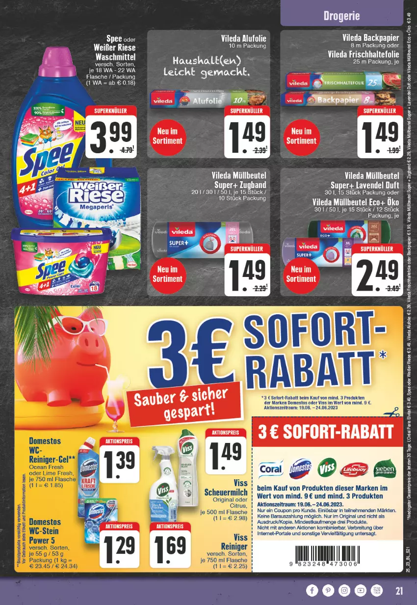 Aktueller Prospekt Edeka - Angebote der Woche - von 12.06 bis 17.06.2023 - strona 21 - produkty: aktionspreis, beutel, Brei, Coral, coupon, domestos, eis, elvital, flasche, frischhaltefolie, gin, lavendel, mac, müllbeutel, papier, reis, sofort-rabatt, spee, tee, Ti, vileda, vita, waschmittel, ZTE