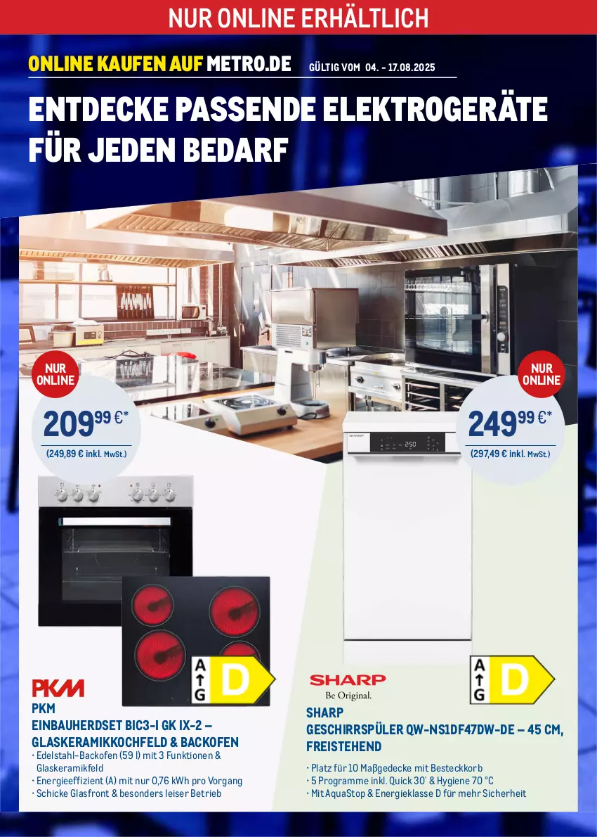 Aktueller Prospekt Metro - Online: Technik-Angebote - von 04.08 bis 17.08.2025 - strona 1 - produkty: aqua, aquastop, backofen, Bau, besteck, decke, edelstahl, einbauherd, einbauherdset, eis, Elektro, elektrogeräte, geschirr, geschirrspüler, glaskeramik, glaskeramikkochfeld, herdset, kochfeld, korb, Metro, Ofen, reis, Sharp, Ti