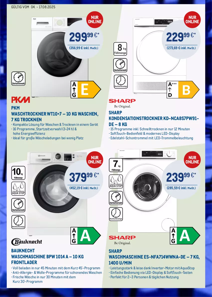 Aktueller Prospekt Metro - Online: Technik-Angebote - von 04.08 bis 17.08.2025 - strona 2 - produkty: aqua, aquastop, Bau, bauknecht, beleuchtung, edelstahl, eis, Hela, Mode, Sharp, Ti, Trockner, trommel, waschmaschine, waschtrockner, wolle
