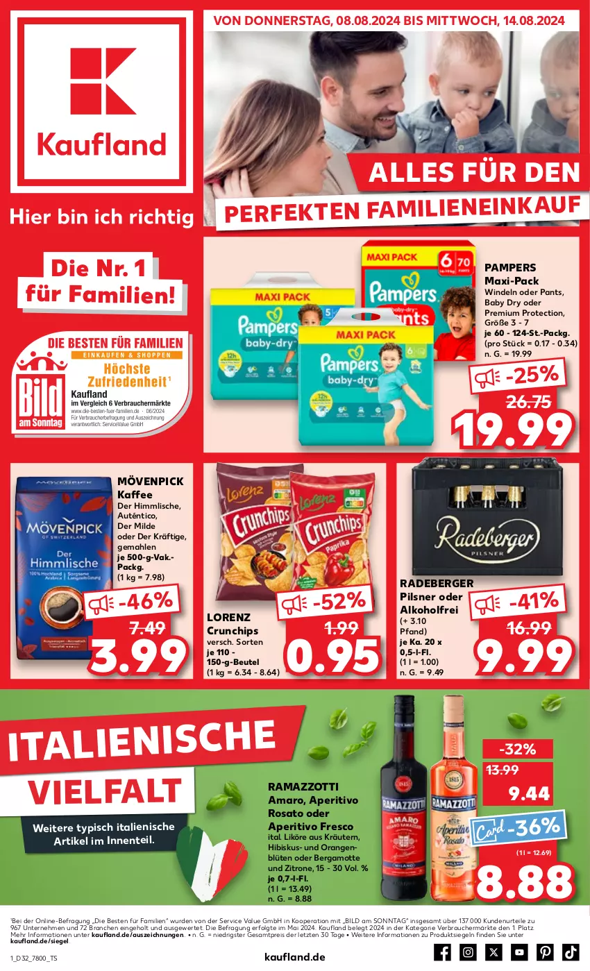 Aktueller Prospekt Kaufland - Prospekt - von 08.08 bis 14.08.2024 - strona 1 - produkty: alkohol, amaro, aperitivo rosato, Bergamotte, Berger, beutel, Blüte, chips, crunchips, eis, ente, kaffee, kräuter, kräutern, LG, likör, lorenz, lorenz crunchips, mövenpick, mövenpick kaffee, orange, orangen, pampers, Pants, pils, pilsner, radeberger, radeberger pilsner, rama, ramazzott, ramazzotti, Rauch, reis, rosato, Ti, windeln, windeln oder pants, zitrone, zott, ZTE