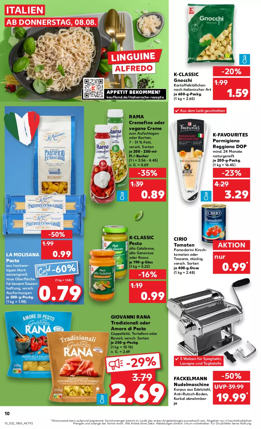 Aktueller Prospekt Kaufland - Prospekt - von 08.08 bis 14.08.2024 - strona 10 - produkty: angebot, Becher, beko, Cap, cirio, creme, edelstahl, elle, fackelmann, genovese, giovanni rana, gnocchi, hartweizen, isana, kartoffel, kirsch, lasagne, natur, nudel, parmigiano, parmigiano reggiano, pasta, pesto, rama, rama cremefine, Rana, ravioli, reggiano, rezept, rezepte, sana, sauce, saucen, schnitten, spaghetti, tagliatelle, Ti, tomate, tomaten, torte, tortelloni, ZTE