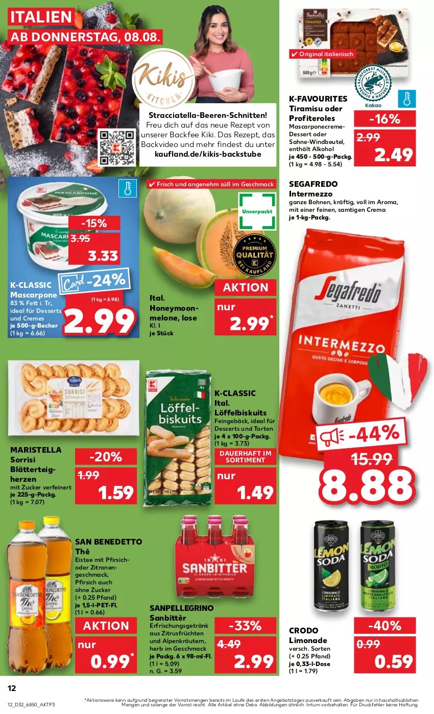 Aktueller Prospekt Kaufland - Prospekt - von 08.08 bis 14.08.2024 - strona 12 - produkty: ACC, alkohol, angebot, auer, Becher, beere, beeren, beutel, blätterteig, bohne, bohnen, creme, deo, dessert, desserts, eis, eistee, elle, erfrischungsgetränk, früchte, früchten, getränk, gin, intermezzo, kräuter, kräutern, limo, limonade, Löffel, Löffelbiskuits, mac, mascarpone, melone, pfirsich, Profiteroles, rezept, sahne, Sanbittèr, sanpellegrino, schnitten, Segafredo, stube, tee, Ti, tiramisu, torte, Windbeutel, zitrone, zitronen, ZTE, zucker