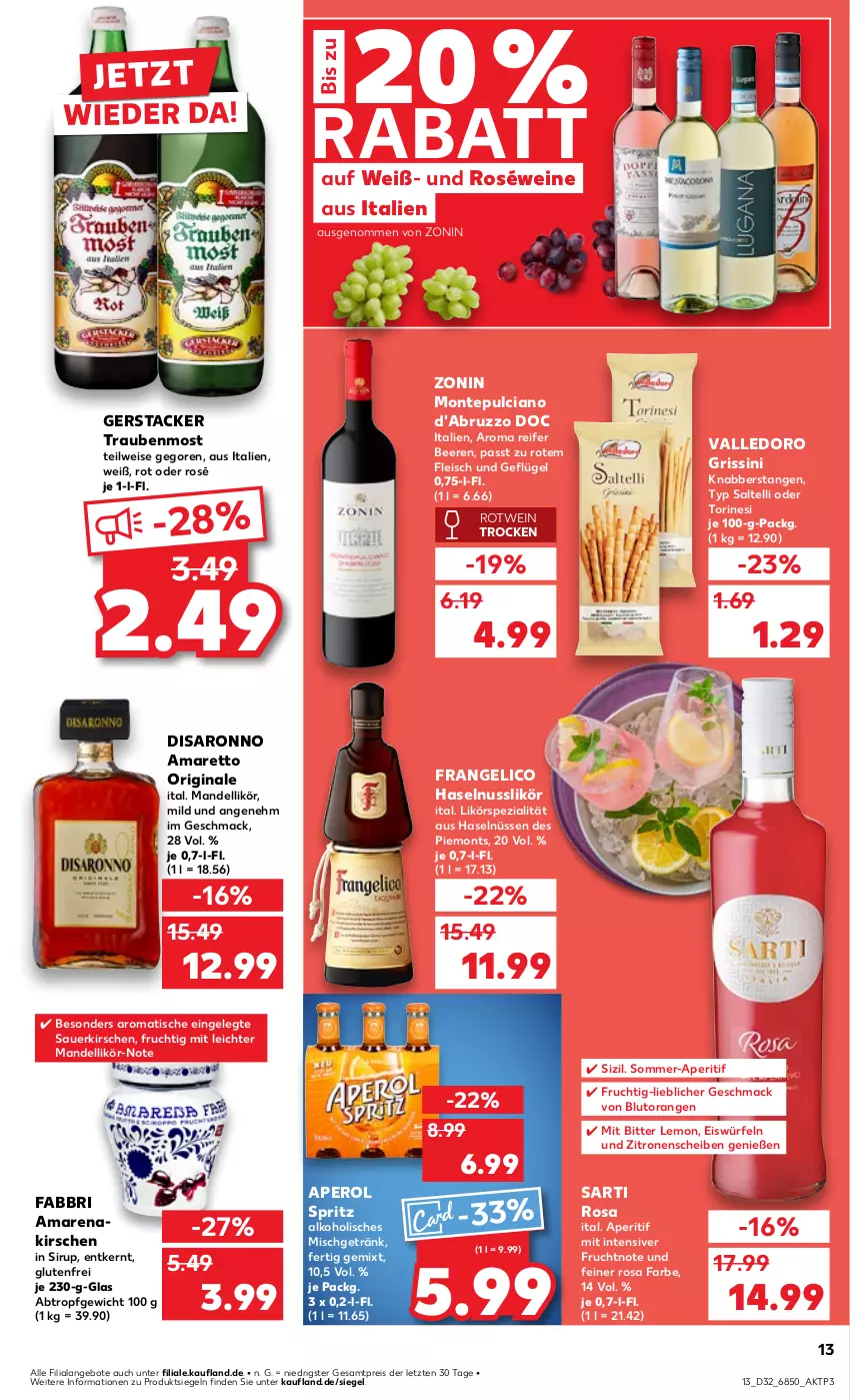 Aktueller Prospekt Kaufland - Prospekt - von 08.08 bis 14.08.2024 - strona 13 - produkty: alkohol, Amarenakirschen, Amaretto, angebot, angebote, aperitif, aperol, auer, beere, beeren, bitter lemon, Blutorange, dell, eis, eiswürfel, fleisch, frangelico, frucht, Geflügel, getränk, gin, grissini, haselnuss, kirsch, kirsche, kirschen, likör, mac, mandel, monte, Montepulciano, nuss, orange, orangen, reis, roséwein, rotwein, saro, sauerkirschen, sirup, Spezi, Ti, tisch, trauben, wein, weine, würfel, zitrone, zitronen, zonin, ZTE