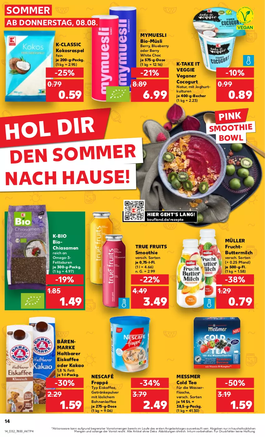 Aktueller Prospekt Kaufland - Prospekt - von 08.08 bis 14.08.2024 - strona 14 - produkty: angebot, bärenmarke, Becher, bio, blueberry, bohne, bohnen, bohnenkaffee, butter, buttermilch, chia, eis, eiskaffee, flasche, frappé, frucht, getränk, getränke, getränkepulver, joghur, joghurt, kaffee, kakao, kokos, milch, Müller, müsli, natur, Nescafé, omega, Omega-3, rezept, rezepte, smoothie, Ti, true fruits, veggie, wasser, ZTE