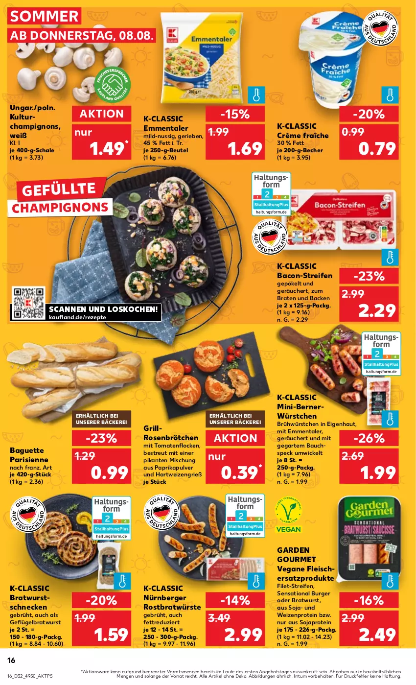 Aktueller Prospekt Kaufland - Prospekt - von 08.08 bis 14.08.2024 - strona 16 - produkty: angebot, bacon, baguette, Bau, Becher, Berger, beutel, braten, bratwurst, brötchen, burger, champignon, champignons, crème fraîche, eis, emmentaler, filet, fleisch, garden gourmet, Geflügel, grill, hartweizen, nürnberger, nuss, paprika, reifen, rezept, rezepte, rosen, Schal, Schale, soja, Speck, Ti, tomate, tomaten, Vegane Fleisch, WICK, wurst, würstchen, ZTE