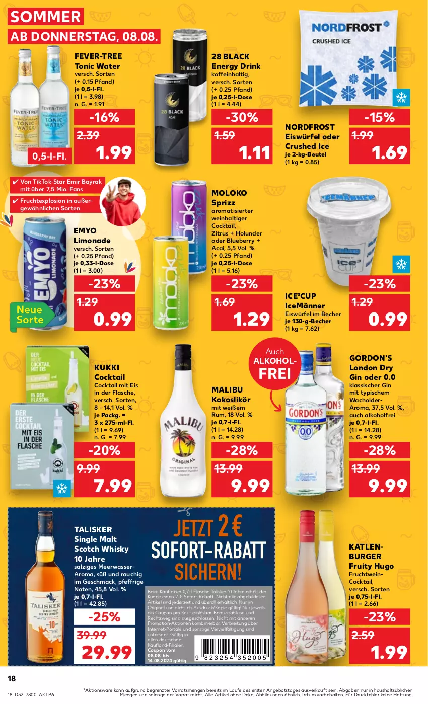 Aktueller Prospekt Kaufland - Prospekt - von 08.08 bis 14.08.2024 - strona 18 - produkty: alkohol, angebot, Becher, beutel, blueberry, Brei, burger, cocktail, coupon, crushed ice, drink, dry gin, eis, eiswürfel, energy drink, fever-tree, flasche, frucht, gin, gordon, gordon's, holunder, hugo, katlenburger, kokos, lack, likör, limo, limonade, london dry, london dry gin, mac, Malibu, Meerwasser, Rauch, rum, salz, scotch, scotch whisky, single malt, sofort-rabatt, Sprizz, Ti, tonic, tonic water, wasser, wein, whisky, würfel, Yo, ZTE