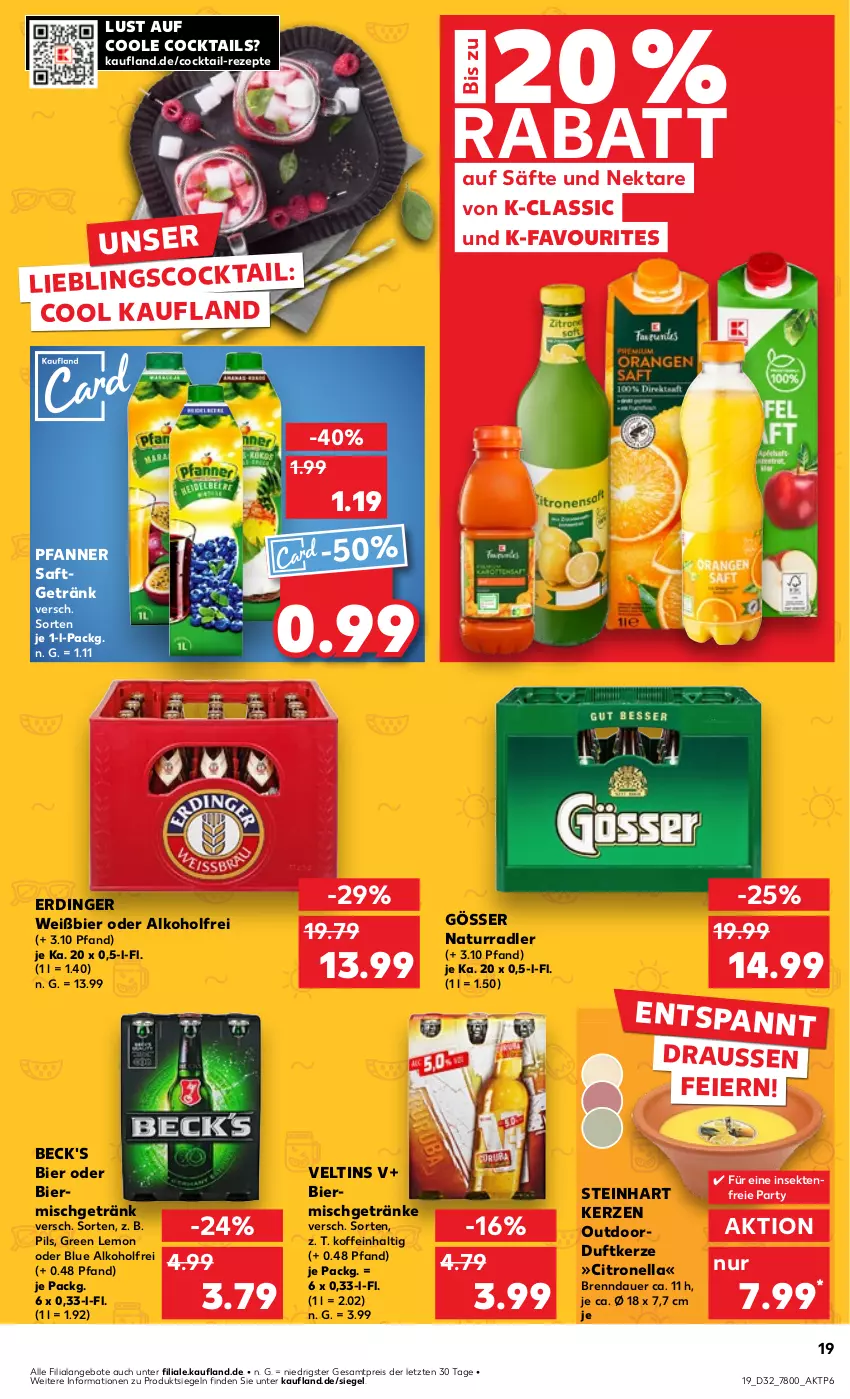 Aktueller Prospekt Kaufland - Prospekt - von 08.08 bis 14.08.2024 - strona 19 - produkty: alkohol, angebot, angebote, auer, beck's, bier, cocktail, cocktails, Duftkerze, eier, eis, erdinger, getränk, getränke, gösser, kerze, natur, Nektar, pfanne, Pfanner, pils, radler, reis, rezept, rezepte, saft, säfte, sekt, Ti, veltins, ZTE