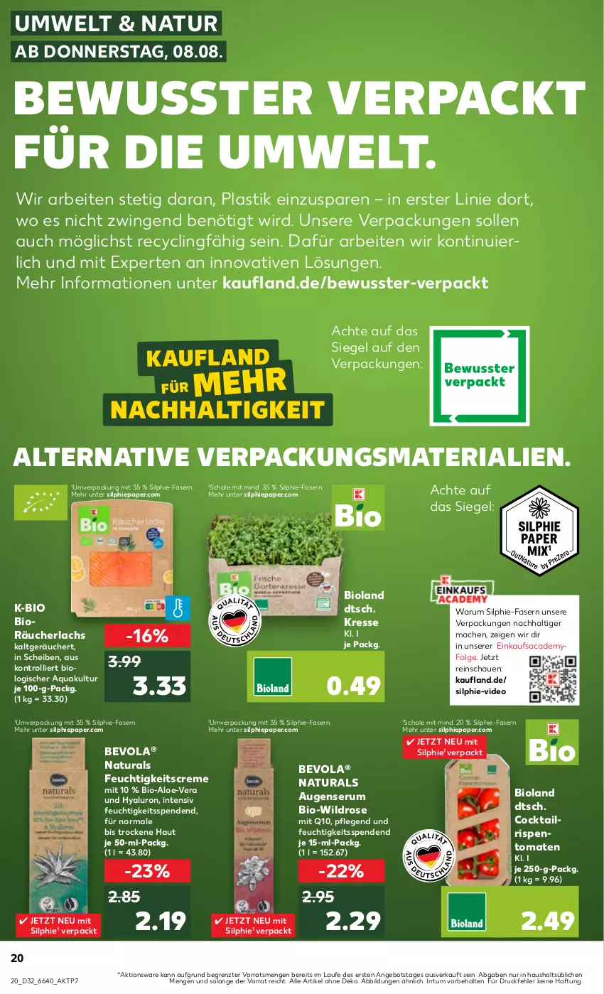 Aktueller Prospekt Kaufland - Prospekt - von 08.08 bis 14.08.2024 - strona 20 - produkty: angebot, aqua, asti, bio, bioland, Clin, cocktail, creme, deo, feuchtigkeitscreme, hyaluron, lachs, LG, mac, natur, natura, Q10, Räucherlachs, Ria, rispentomaten, rum, sac, Schal, Schale, Serum, Ti, tomate, tomaten, trolli, Wild, ZTE