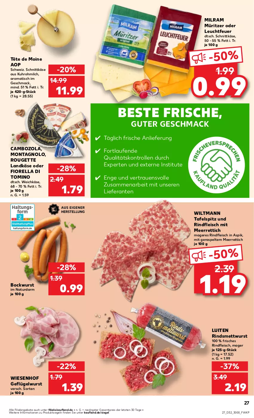 Aktueller Prospekt Kaufland - Prospekt - von 08.08 bis 14.08.2024 - strona 27 - produkty: angebot, angebote, bockwurst, cambozola, eis, fleisch, Geflügel, Käse, landkäse, Laufen, mac, meerrettich, Mett, mettwurst, milch, milram, natur, ndk, reis, rel, Rettich, rind, rindfleisch, rouge, rougette, schnittkäse, tafelspitz, Tête de Moine, Ti, tisch, uhr, weichkäse, wiesenhof, wiltmann, wurst, ZTE