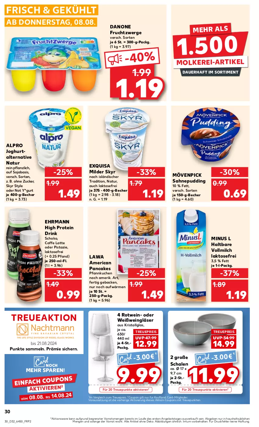 Aktueller Prospekt Kaufland - Prospekt - von 08.08 bis 14.08.2024 - strona 30 - produkty: alpro, angebot, auer, Becher, caffe, coupon, coupons, danone, danone fruchtzwerge, drink, ehrmann, eis, exquisa, frucht, fruchtzwerge, geback, Gläser, joghur, joghurt, kuchen, latte, LG, milch, mövenpick, natur, Pfannkuchen, pudding, reis, rotwein, sahne, Schal, Schale, schoko, Skyr, soja, Ti, vollmilch, wein, Weingläser, Weißwein, ZTE, zucker