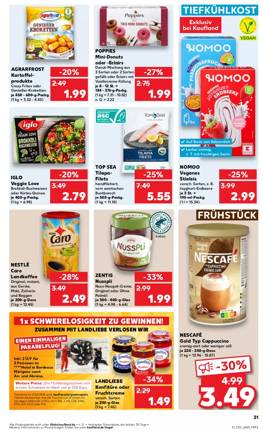 Aktueller Prospekt Kaufland - Prospekt - von 08.08 bis 14.08.2024 - strona 31 - produkty: agrarfrost, angebot, angebote, beere, Brei, brokkoli, buch, Cap, cappuccino, cin, Crazy Frites, creme, Donut, donuts, eis, erdbeere, filet, filets, frucht, gewinnspiel, gin, gutschein, iglo, kaffee, kartoffel, Kette, kokos, kokosmilch, konfitüre, Kroketten, Kürbis, landliebe, malz, milch, mit frucht, ndk, Nescafé, nescafé gold, nestlé, nuss, nuss-nougat-creme, nusspli, ohne palmöl, Popp, quinoa, reis, rel, Spiele, stieleis, swirl, Ti, tiefkühlkost, tisch, vanille, veggie, Veggie Love, zentis, ZTE