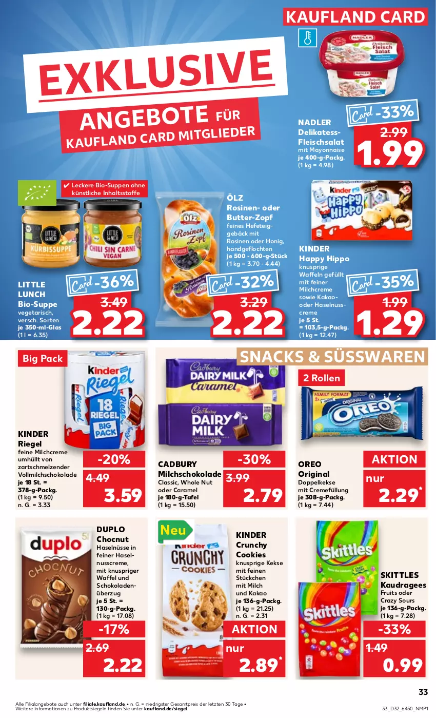 Aktueller Prospekt Kaufland - Prospekt - von 08.08 bis 14.08.2024 - strona 33 - produkty: angebot, angebote, bio, butter, caramel, cookie, cookies, creme, Doppelkekse, duplo, eis, fleisch, fleischsalat, gin, haselnuss, Haselnusscreme, Hefe, hipp, honig, kakao, keks, kekse, Kinder, kinder riegel, mayonnaise, milch, nadler, nuss, oreo, reis, riegel, salat, schoko, schokolade, schokoladen, skittles, snack, snacks, suppe, suppen, süsswaren, Ti, Vegeta, vollmilch, waffeln, Yo, ZTE