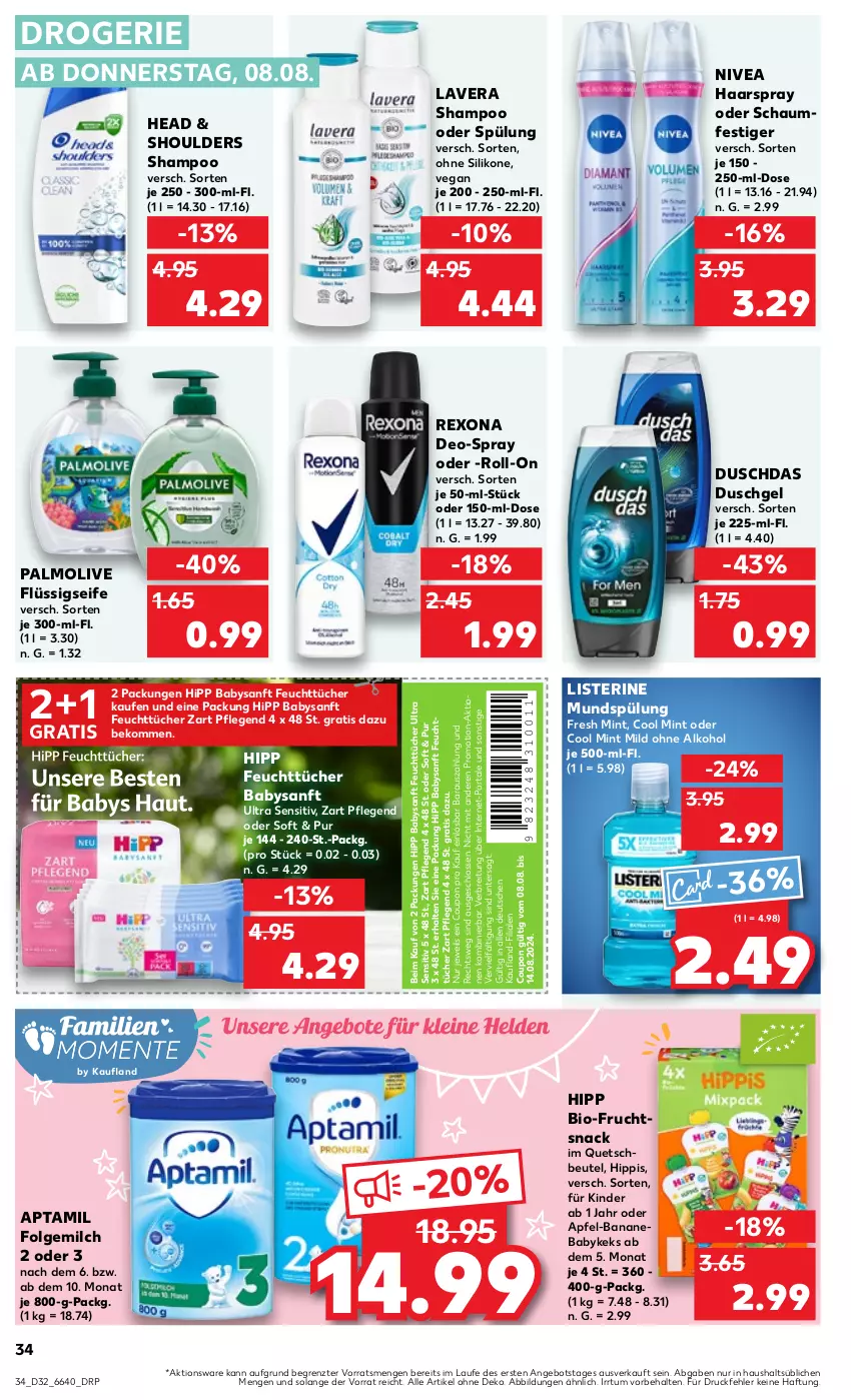 Aktueller Prospekt Kaufland - Prospekt - von 08.08 bis 14.08.2024 - strona 34 - produkty: alkohol, angebot, apfel, banane, beko, beutel, bio, Brei, coupon, deo, duschdas, duschgel, feuchttücher, flüssigseife, folgemilch, frucht, haarspray, hipp, keks, Kinder, lavera, LG, listerine, milch, mint, mundspülung, nivea, oder schaumfestiger, ohne alkohol, olive, palmolive, quetschbeutel, rexona, roll-on, schaumfestiger, Seife, shampoo, shampoo oder spülung, snack, spülung, Ti, tücher, ZTE