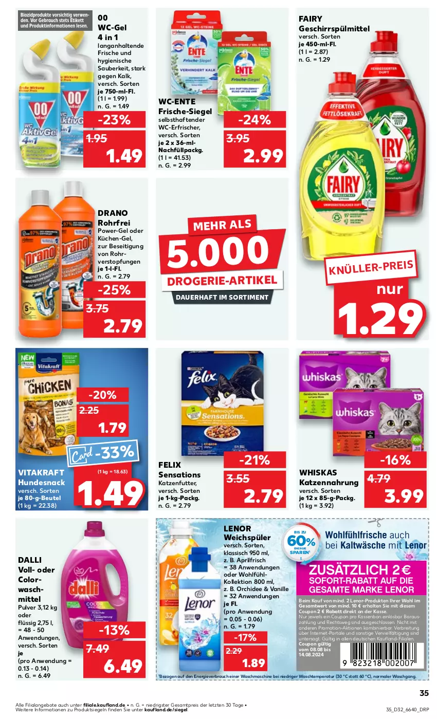 Aktueller Prospekt Kaufland - Prospekt - von 08.08 bis 14.08.2024 - strona 35 - produkty: angebot, angebote, auer, beutel, Brei, colorwaschmittel, coupon, dalli, drogerie-artikel, eis, ente, fairy, felix, geschirr, geschirrspülmittel, hundesnack, katzenfutter, katzennahrung, kraft, küche, Küchen, lenor, lenor weichspüler, orchidee, power-gel, pril, Rauch, reis, sensations, snack, spülmittel, tender, Ti, topf, vanille, vita, vitakraft, waschmaschine, waschmittel, wc-gel, weichspüler, whiskas, ZTE