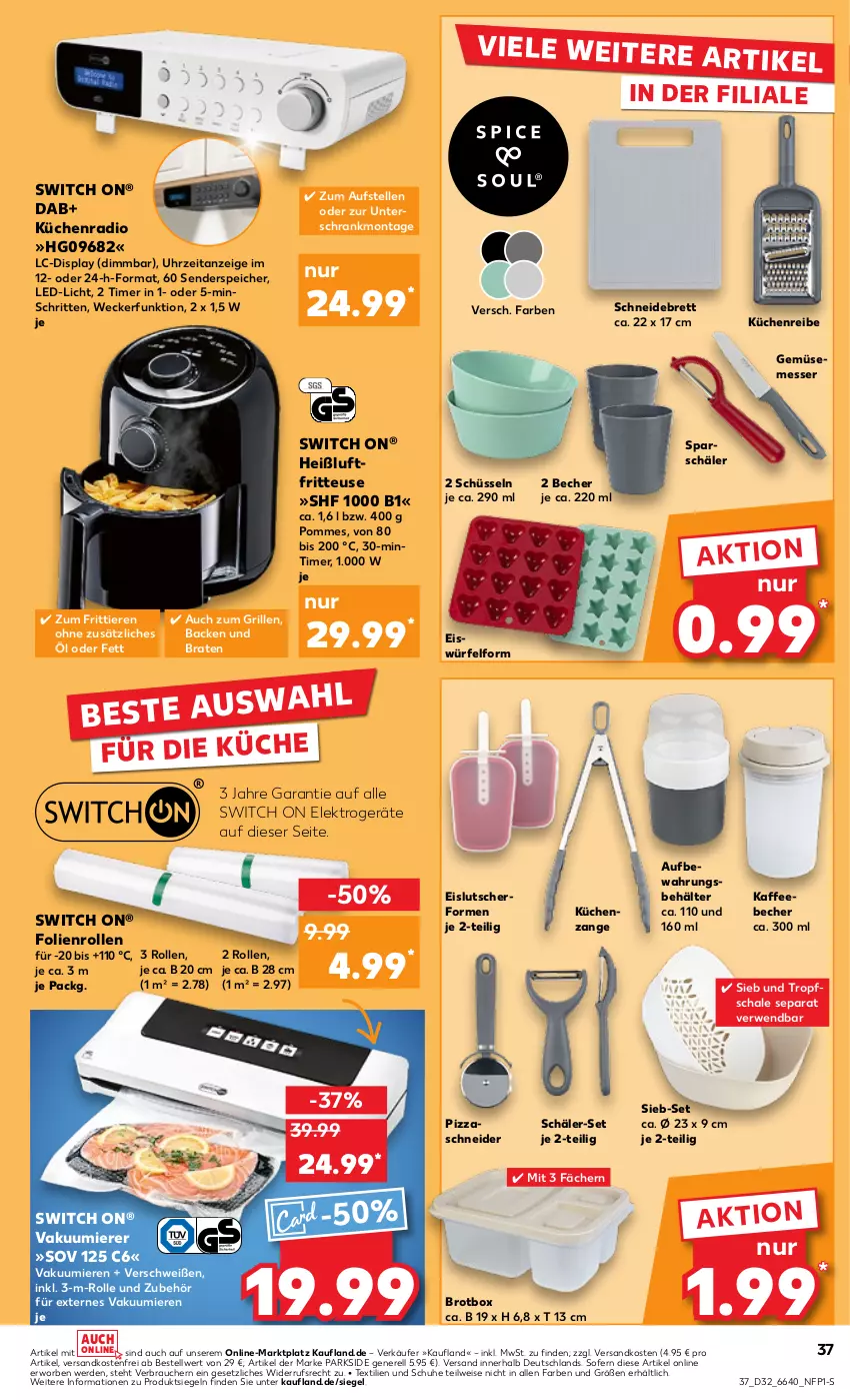 Aktueller Prospekt Kaufland - Prospekt - von 08.08 bis 14.08.2024 - strona 37 - produkty: Becher, Behälter, braten, brot, eis, eiswürfel, Elektro, elektrogeräte, elle, enders, erde, fritteuse, grill, Heißluftfritteuse, kaffee, kaffeebecher, küche, Küchen, Küchenradio, Küchenreibe, led-licht, Lutscher, messer, mint, ndk, Parkside, pizza, pommes, Radio, Rauch, rel, rwe, Schal, Schale, schneidebrett, Schrank, schuhe, schüssel, Ti, Tiere, timer, uhr, unterschrank, Vakuumierer, versandkostenfrei, weck, würfel