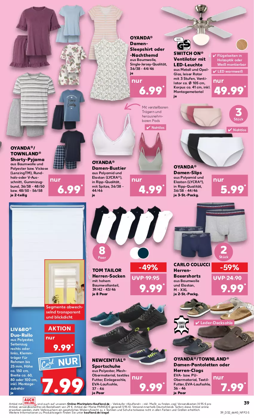 Aktueller Prospekt Kaufland - Prospekt - von 08.08 bis 14.08.2024 - strona 39 - produkty: arlo, Bau, baumwolle, Brei, Clogs, damen-pantolette, Damen-Slip, damen-slips, decksohle, eis, ente, erde, hemd, herren-socken, Holz, LED-Leuchte, lenzing, Leuchte, Nachthemd, ndk, pantolette, pantoletten, Parkside, Pyjama, Rauch, rel, Ria, schuhe, shirt, shorts, shorty, shorty-pyjama, sleepshirt, slip, slips, socken, Sport, sportschuhe, Stier, Ti, tom tailor, ventilator, versandkostenfrei, wolle